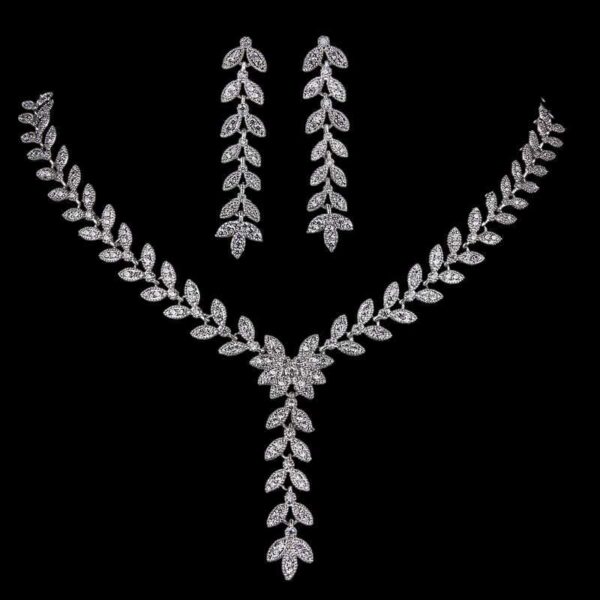 Crystal Necklace set Silver Wedding Jewelry for Bride Silver Bridal Jewelry Crystal Bridal Necklace Set Leaves Shape necklace Drop Earring Cubic Zircon Jewelry Sets
