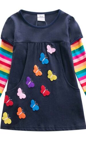 Butterfly Embroidered Dress for Girls ,Long Sleeve Rainbow Dress , Flower Dress