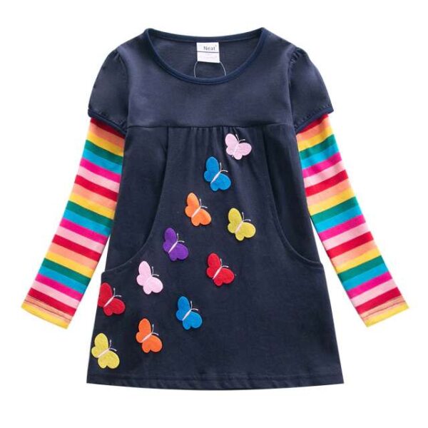 Butterfly Embroidered Dress for Girls ,Long Sleeve Rainbow Dress , Flower Dress