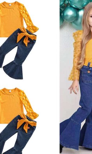 Girl Clothes Set Long Sleeve Crops Tops Lace Shirt Flare Pants / Girls Summer clothes/Girls Casual set