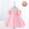 Satin Princess Dress Girl Bowknot Short Sleeves Pearl Tassel Dress, Elegant Kids Dresses