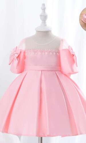 Satin Princess Dress Girl Bowknot Short Sleeves Pearl Tassel Dress, Elegant Kids Dresses