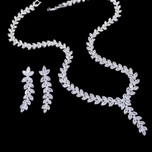 Crystal Necklace set Silver Wedding Jewelry for Bride Silver Bridal Jewelry Crystal Bridal Necklace Set Leaves Shape necklace Drop Earring Cubic Zircon Jewelry Sets