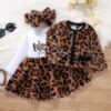 Winter Toddler Girls Leopard Print Fur Long Sleeve Dress, Jacket Tops Headband Baby's Clothing Sets , Kids Winter Outfit set