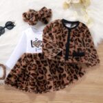 Winter Toddler Girls Leopard Print Fur Long Sleeve Dress, Jacket Tops Headband Baby's Clothing Sets , Kids Winter Outfit set