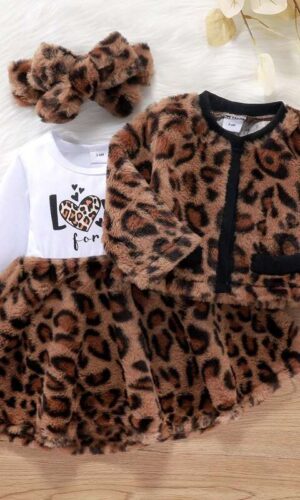 Winter Toddler Girls Leopard Print Fur Long Sleeve Dress, Jacket Tops Headband Baby's Clothing Sets , Kids Winter Outfit set