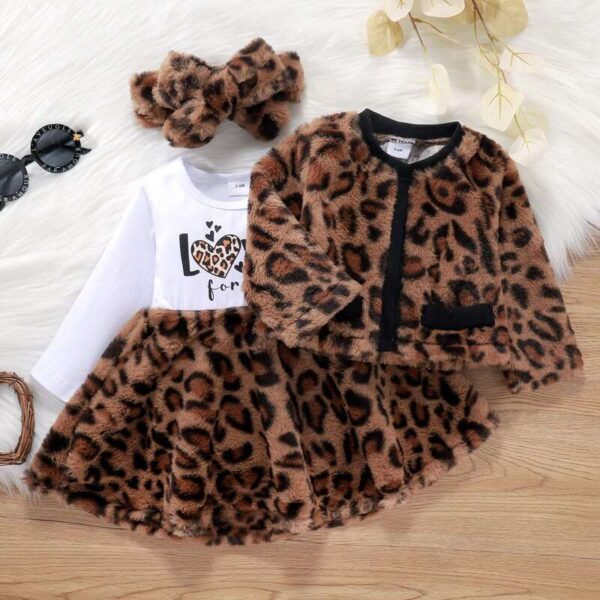 Winter Toddler Girls Leopard Print Fur Long Sleeve Dress, Jacket Tops Headband Baby's Clothing Sets , Kids Winter Outfit set