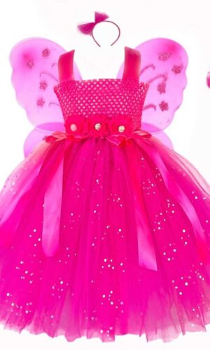 Girls Pink Flower Fairy Tutu Dress: Butterfly Wing Princess Party Costume - Kids Tulle Dress Butterfly Princess Dress