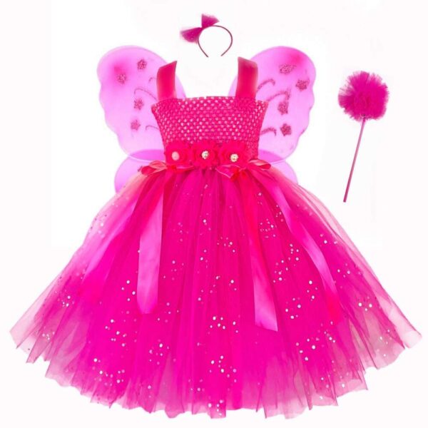 Girls Pink Flower Fairy Tutu Dress: Butterfly Wing Princess Party Costume - Kids Tulle Dress Butterfly Princess Dress