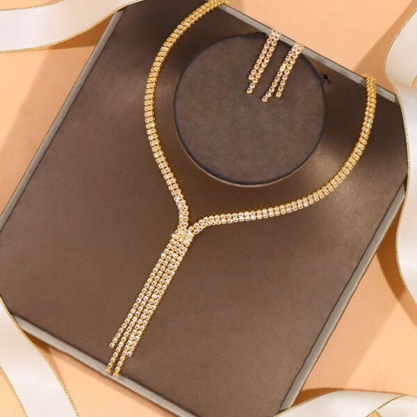 Gold Tassel Necklace, Long Tassel Necklace, Gold Layered Necklace, Bridal Necklace Set, Silver Wedding Necklace Earrings Set, Wedding Necklace Set, Two Line Necklace Earrings Set