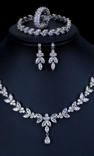 Teardrop Silver Wedding Necklace Earrings Bracelet Ring Set | Bridal Necklace Set | CZ Wedding Necklace Set | Crystal Bridal Set