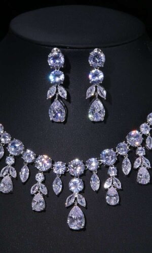 Cubic Zircon Necklace and Earrings,Silver Bridal Necklace and earrings, Jewelry Set, Water Drop Necklace, Leaf style jewellery for bride, Wedding Necklace set