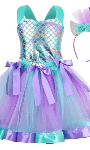 Mermaid Flower Dress with Hairband, Girls Tutu Dress, Mermaid Tutu Dress, Mermaid Dress, Mermaid Outfit, Mermaid costume