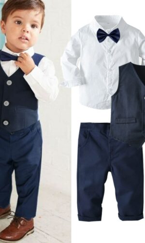 Boy Formal Outfit Set: Long-Sleeved Shirt, Bow Tie, Vest, and Trousers - Ideal for Parties & Birthdays - High-Quality Cotton Toddler Clothing