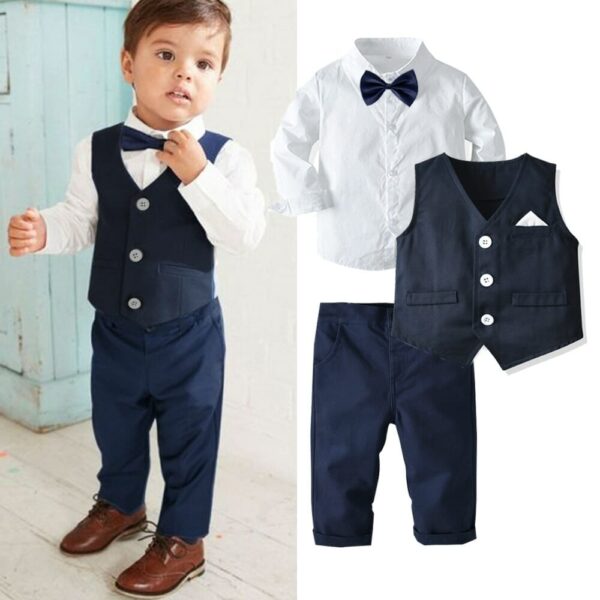 Boy Formal Outfit Set: Long-Sleeved Shirt, Bow Tie, Vest, and Trousers - Ideal for Parties & Birthdays - High-Quality Cotton Toddler Clothing