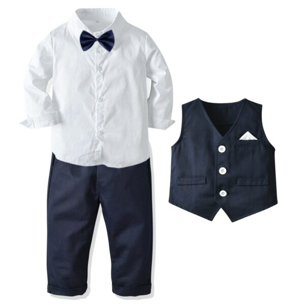 Boy Formal Outfit Set: Long-Sleeved Shirt, Bow Tie, Vest, and Trousers - Ideal for Parties & Birthdays - High-Quality Cotton Toddler Clothing