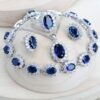 Women Bridal Jewelry Sets Blue Zirconia Fine Jewellery Wedding Necklace Earrings Rings Bracelets Pendant Set - Silver 925 Pendant Necklace