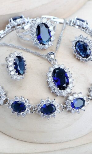 Women Bridal Jewelry Sets Blue Zirconia Fine Jewellery Wedding Necklace Earrings Rings Bracelets Pendant Set - Silver 925 Pendant Necklace