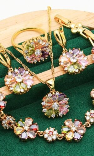 Exquisite 925 Silver Gold Color Jewelry Set with Multicolor Zircon Accents – Perfect for Weddings and Special Occasions