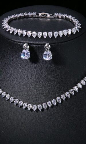 Cubic Zirconia Wedding Jewelry Set with Stunning Drop Style Necklaces in Silver, Rose Gold, and Gold, Bridal Necklace Earrings Party Jewelry Set