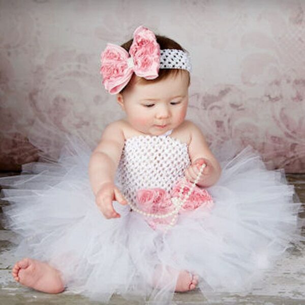 Cute Baby Flower Tutu Dress Infant Girls Crochet Tulle Dresses with Hairbow Set Newborn Birthday Party Costume Photography Clothe