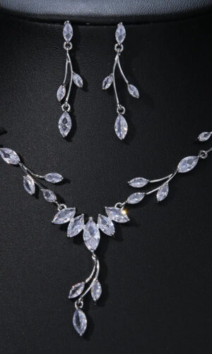 Cubic Zirconia Necklace Earrings Jewelry Set for Women Bridal Wedding Party necklace, leaf necklace