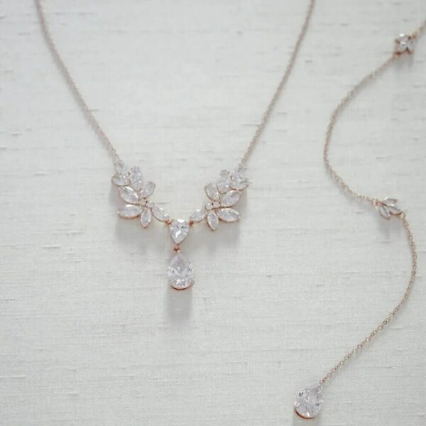 Cubic Zirconia Long Drop Bridal Back Necklace, Rose Gold Bridal Back Necklace, Crystal Back Drop Necklace, Open Back Necklace, Bridal Jewelry Set, Wedding Jewellery set