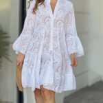Women Summer Elegant Hollow Out Dresses Vintage Solid Lace Loose V-neck Beach Sexy Mini Dresses Embroidery Pattern Vestidos