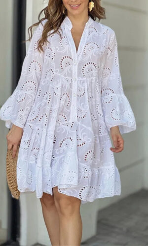 Women Summer Elegant Hollow Out Dresses Vintage Solid Lace Loose V-neck Beach Sexy Mini Dresses Embroidery Pattern Vestidos