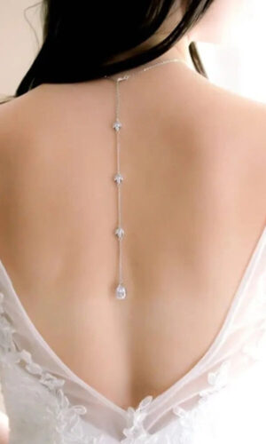 Glamorous Zircon Leaf Back Chain Necklace, Bridal Elegance, Long Water Drop Body Chain, Bridal Wedding Jewelry, Wedding Necklace