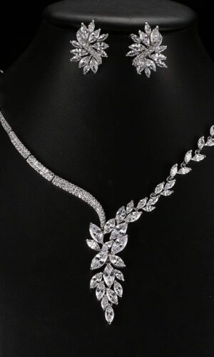 Cubic Zircon Jewelry Set for Women Stud Earrings and Necklace, Silver necklace, Wedding necklace set, Leaf style Wedding jewellery