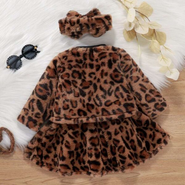 Winter Toddler Girls Leopard Print Fur Long Sleeve Dress, Jacket Tops Headband Baby's Clothing Sets , Kids Winter Outfit set