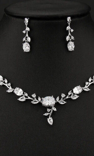 Bridal Wedding Jewelry Set, Leaves Shape Zirconia Necklace And Earring, Wedding Necklace for bride, Party Jewelry
