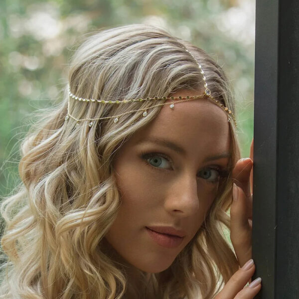 Boho Bridal Head Chain Cubic Leaf Forehead Headband Chain Hair Jewellery for Women Headpiece Bridal Wedding Head Chain