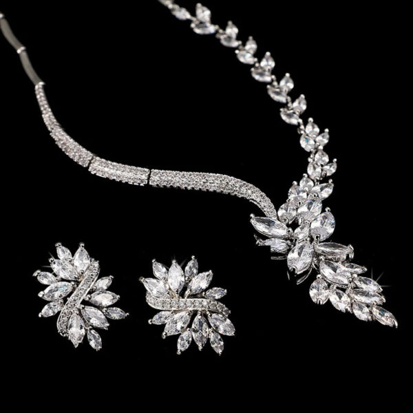 Cubic Zircon Jewelry Set for Women Stud Earrings and Necklace, Silver necklace, Wedding necklace set, Leaf style Wedding jewellery