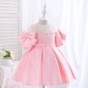 Satin Princess Dress Girl Bowknot Short Sleeves Pearl Tassel Dress, Elegant Kids Dresses