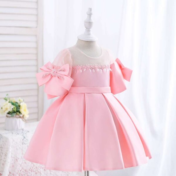 Satin Princess Dress Girl Bowknot Short Sleeves Pearl Tassel Dress, Elegant Kids Dresses
