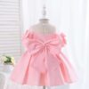 Satin Princess Dress Girl Bowknot Short Sleeves Pearl Tassel Dress, Elegant Kids Dresses