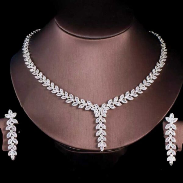 Crystal Necklace set Silver Wedding Jewelry for Bride Silver Bridal Jewelry Crystal Bridal Necklace Set Leaves Shape necklace Drop Earring Cubic Zircon Jewelry Sets