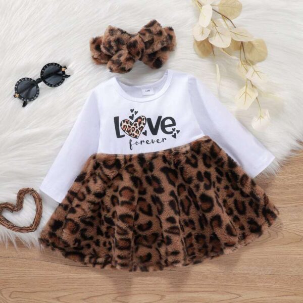 Winter Toddler Girls Leopard Print Fur Long Sleeve Dress, Jacket Tops Headband Baby's Clothing Sets , Kids Winter Outfit set