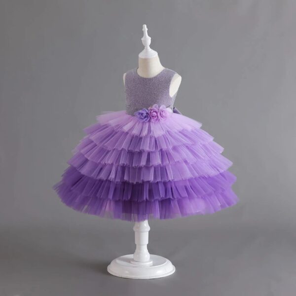 Girls' Purple Flower Layered Cake Dress - Perfect for Birthdays, Weddings & Parties | Kids' Fashion with Lace & Bow Details