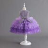 Girls' Purple Flower Layered Cake Dress - Perfect for Birthdays, Weddings & Parties | Kids' Fashion with Lace & Bow Details