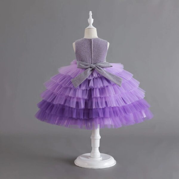 Girls' Purple Flower Layered Cake Dress - Perfect for Birthdays, Weddings & Parties | Kids' Fashion with Lace & Bow Details