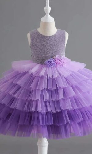 Girls' Purple Flower Layered Cake Dress - Perfect for Birthdays, Weddings & Parties | Kids' Fashion with Lace & Bow Details