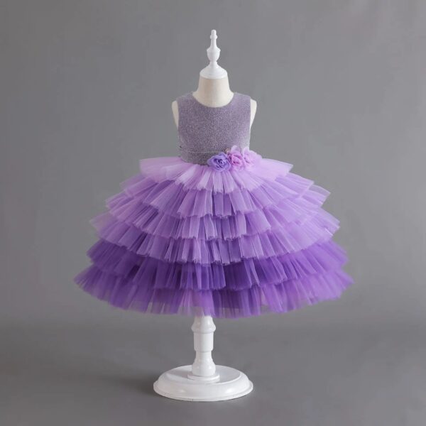 Girls' Purple Flower Layered Cake Dress - Perfect for Birthdays, Weddings & Parties | Kids' Fashion with Lace & Bow Details