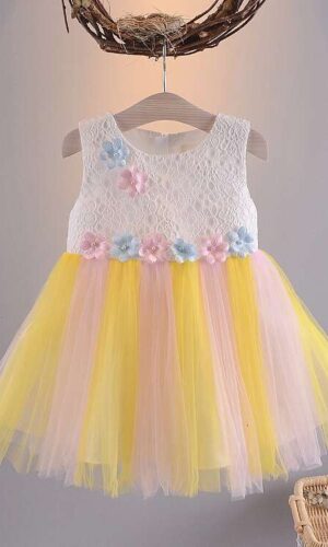 Lace Tulle Little Princess Rainbow Stitching Flower Gauze Sleeveless Tank Girl Dress, Tutu Dress