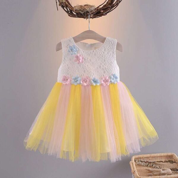 Lace Tulle Little Princess Rainbow Stitching Flower Gauze Sleeveless Tank Girl Dress, Tutu Dress