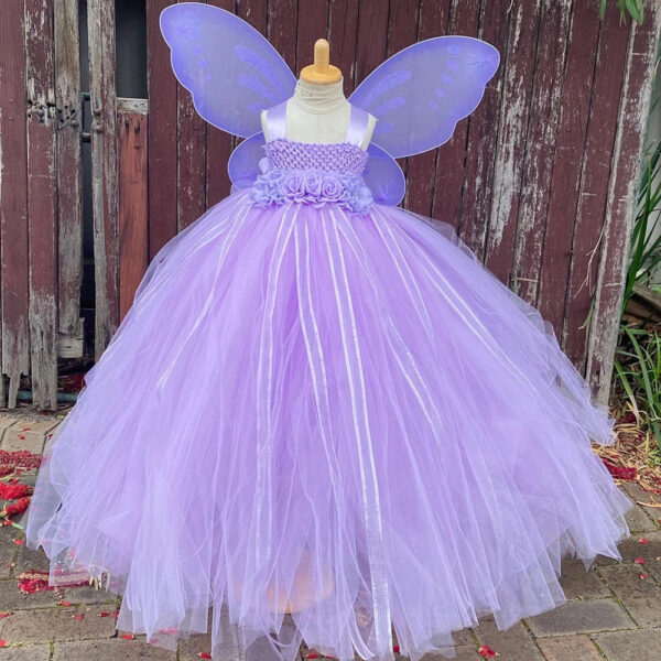 Lavender Butterfly Fairy Princess Tutu Dress – Kids' Long Ball Gown with Wings | Perfect for Birthday Parties & Special Occasions