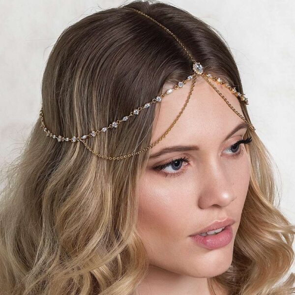 Water Drop Forehead Chain, Boho Bridal Wedding Head Chain, CZ Leaf Forehead Headband Chain, Hair Jewelry for Women, Crystal Headpiece