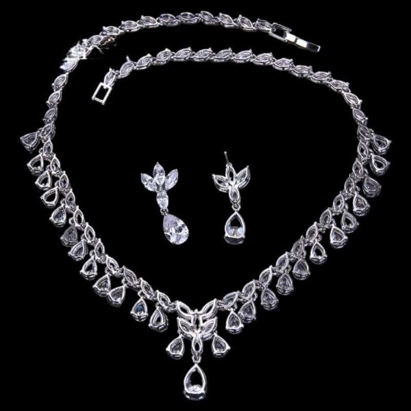 Beautiful Bridal Jewelry Set Necklace and Earrings Set, Shiny Leaf Shape necklace for Bride Cubic Zircon Drop Earring Necklace Jewelry Set